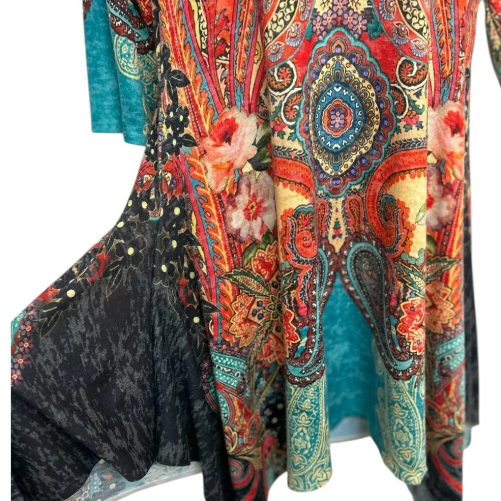 Amma Design Art To Wear Tunic Top Womens Artsy Floral Paisley Print Boho USA SzL - Picture 4 of 9